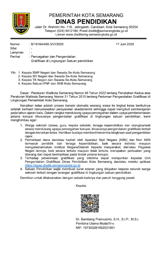 Pencegahan dan Pengendalian Gratifikasi di Lingkungan Satuan Pendidikan